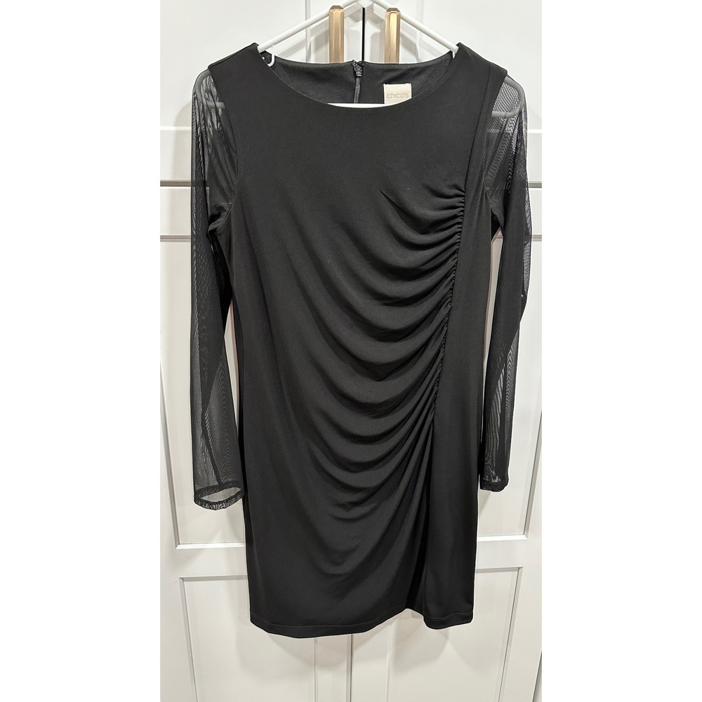 Chico's Little Black Dress Sheer Sleeve Ruched Cocktail‎ Party Size 0